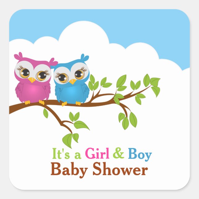 Carré Sweet Twins Owls Boy Girl Baby Sticker (Devant)