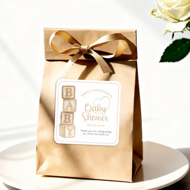 Carré Taupe Baby Blocks Baby Shower Favor Sticker (Baby Shower Favor Sticker)