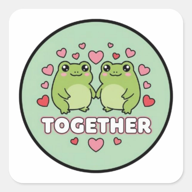 Carré Together Frog Sticker Cute Couple Frogs Holding Ha (Devant)
