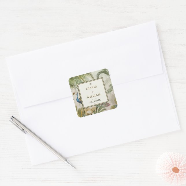 Carré Tropical Peacock Palm Mariage Étiquette (Enveloppe)