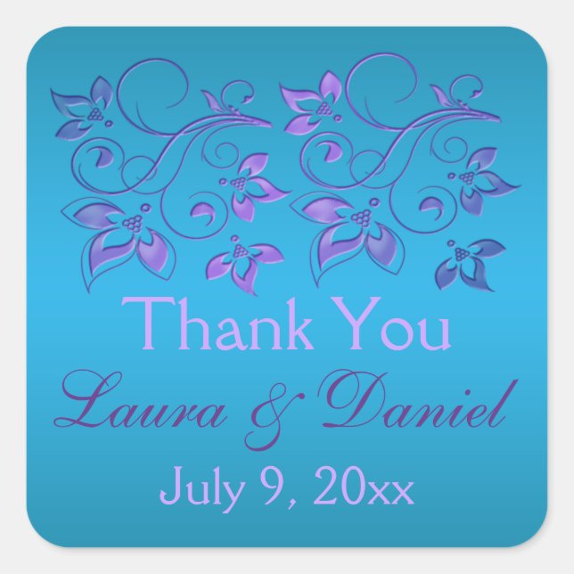 Carré Turquoise, Floral Violet 1,5 po². Sticker mariage (Devant)