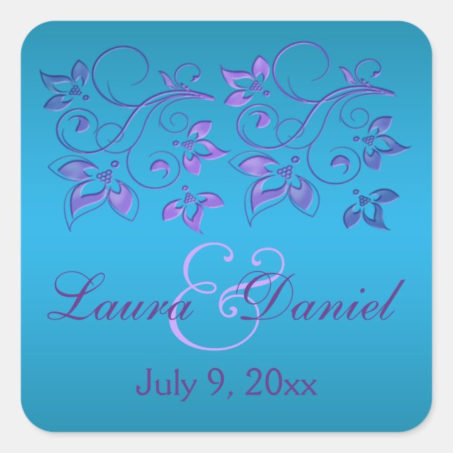 Carré Turquoise, Floral Violet 1,5 po². Sticker mariage (Devant)