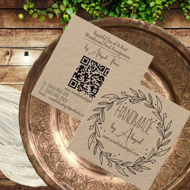 Carré Vignes de couronnes faites main | Carte de visite  (Wreath and Vines "Handmade" Crafting QR Code Kraft Paper Business Card )