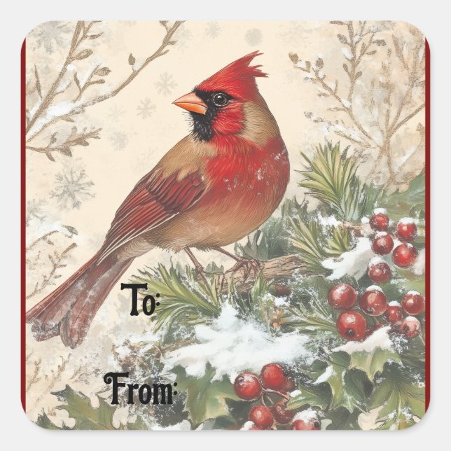 Carré Vintage Christmas Cardinal Gift Sticker (Devant)