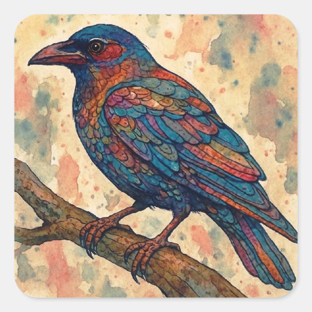 Carré Watercolor Raven Crow Sticker (Devant)