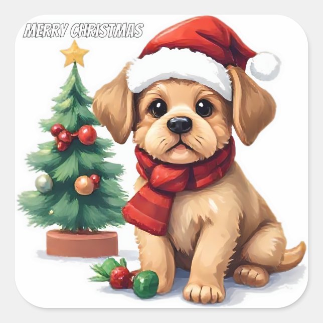 Carré Whimsical Christmas Puppy Sticker | "Merry Christm (Devant)