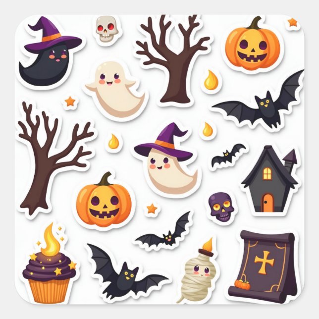 Carré Whimsical Halloween Sticker Sheet – Cute Ghosts (Devant)