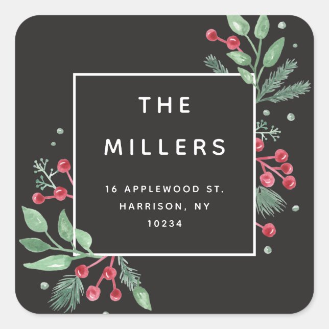 Carré Winter Berries Greenery Retourner Adresse Sticker (Devant)