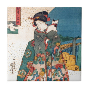 Carreau 少女と猫, fille de 国芳 avec le chat, Kuniyoshi, Ukiyo-e