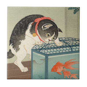 Carreau 猫と金魚, chat de 古邨 et poisson rouge, Koson, Ukiyo-e