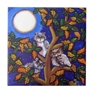 Carreau 3 Chouettes Moon Whimsical Folk Art Tile