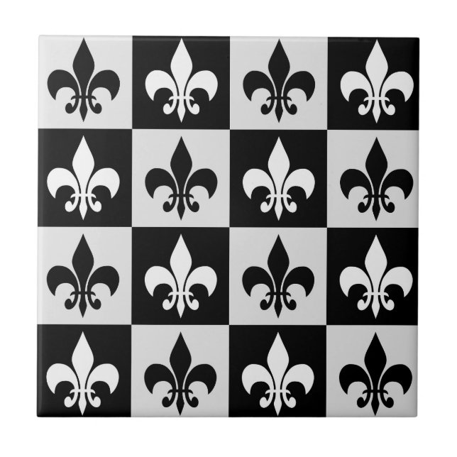 Carreau à damiers Blanc Noir Fleur-De-Lis Motif (Devant)