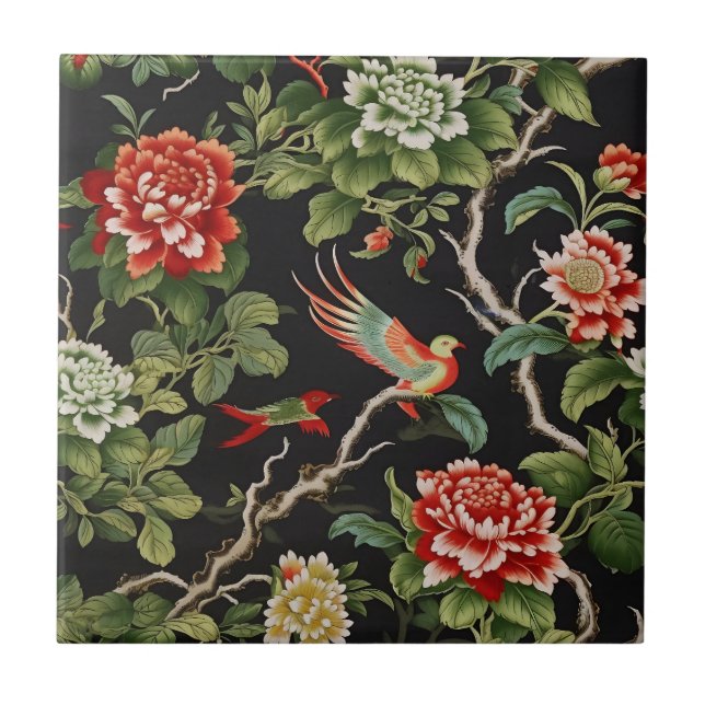 carreau à motif floral rouge et vert chinois (Devant)