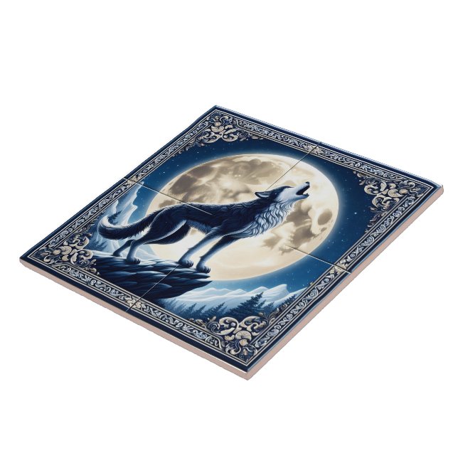 Carreau A Mystical Wolf Howls at the Moonlit Night Sky (Côté)