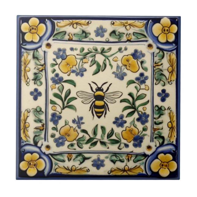 Carreau Abeille de miel traditionnel Bleu Jaune Méditerran (Devant)