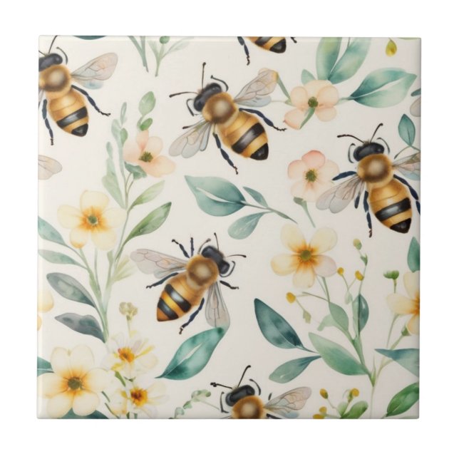 Carreau Abeilles et fleurs - Crème Floral Miel Motif (Devant)