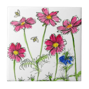 Carreau Abeilles Nigella Cosmos Hot rose Fleurs d'aquarell