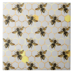 Carreau Abeilles sur motif de nid d'abeille jaune or gris