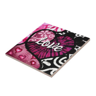 Carreau Abstrait coeur d'amour rose Floral Pois noir