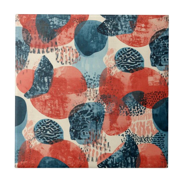 Carreau abstrait géométrique moderne Corail et Bleu (Devant)