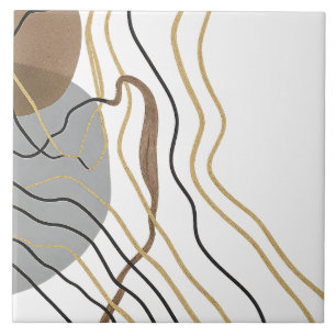 Carreau Abstrait moderne Gold Line Art Neutre Gris Brown