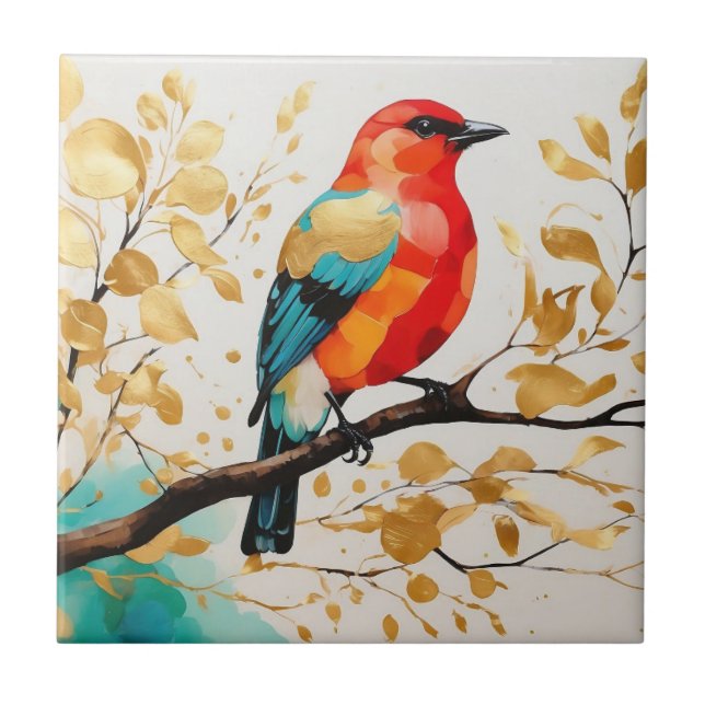 Carreau Abstrait Oiseau-Chanson Vibrant Sur Arbre Feuille  (Devant)
