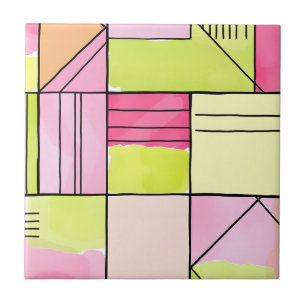 Carreau Abstrait patchwork rose et vert citron