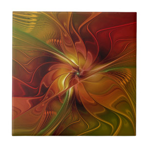 Carreau Abstrait Rouge Orange Brown Vert Fractal Art Flowe