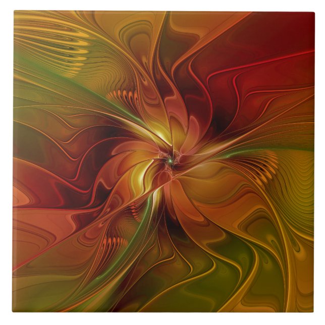 Carreau Abstrait Rouge Orange Brown Vert Fractal Art Flowe (Devant)