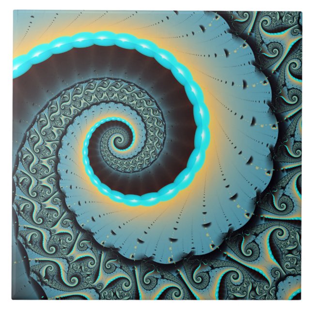 Carreau Abstraite spirale d'art fractal bleu turquoise ora (Devant)