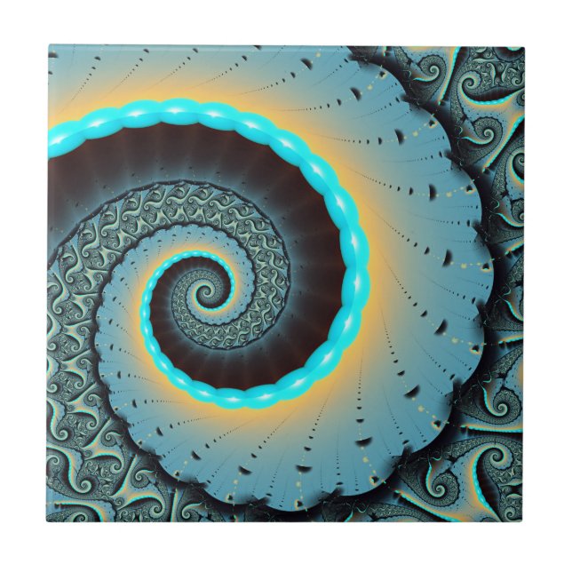 Carreau Abstraite spirale d'art fractal bleu turquoise ora (Devant)
