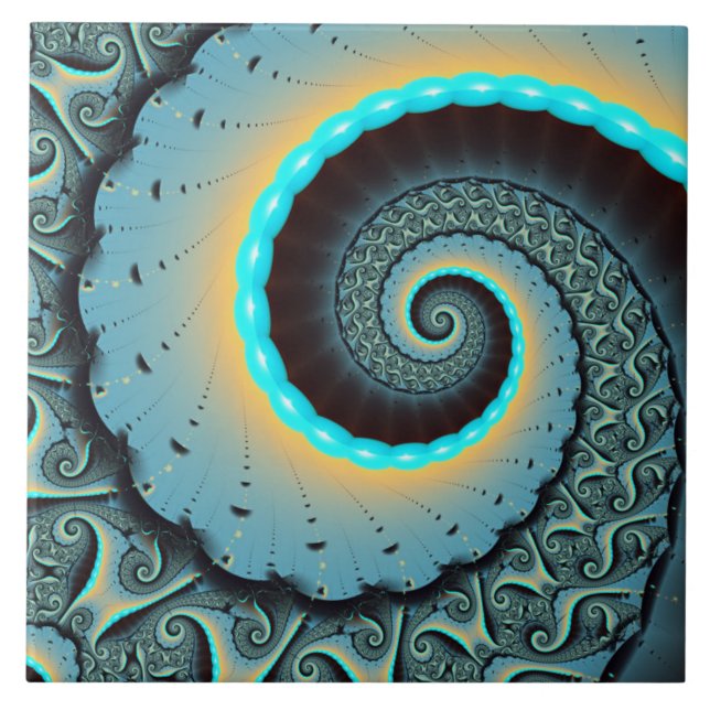 Carreau Abstraite spirale d'art fractal bleu turquoise ora (Devant)