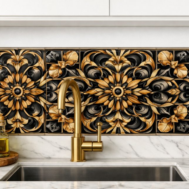 Carreau Accent élégant noir or (“Art Deco gold tile brings 1920s elegance to modern kitchens bold symmetry, timeless luxury.”)