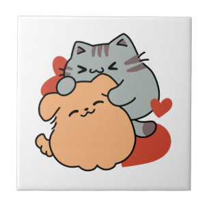 Carreau Adorable chat et chien Hug - Meow & Woof Design