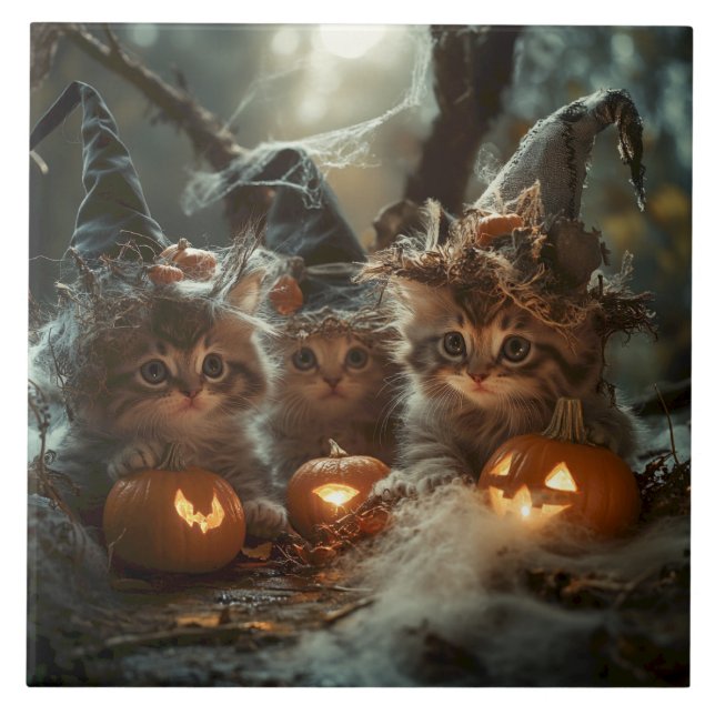 Carreau Adorable chatons d'Halloween avec Citrouilles (Devant)