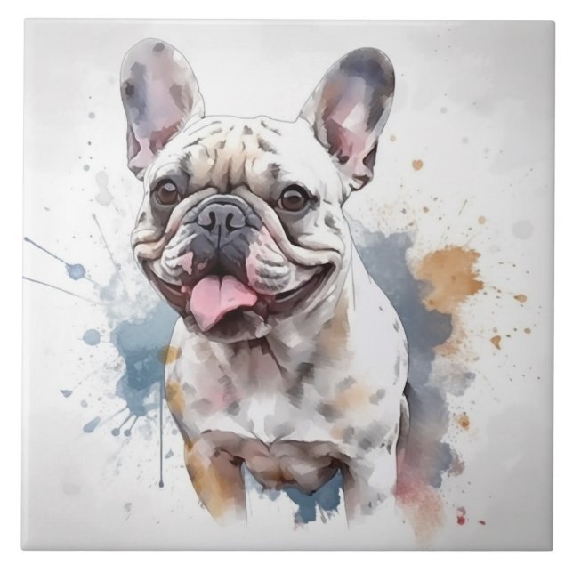 Carreau Adorable chien français Bulldog Aquarelle animal (Devant)