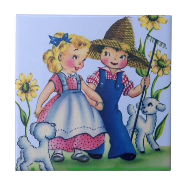 Carreau adorable ferme garçon et ferme fille 1940 (Devant)