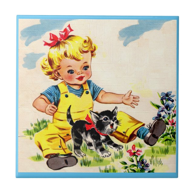 Carreau adorable petite fille avec adorable petit chaton (Devant)
