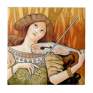 Carreau Affiche vintage Art nouveau violon   Musique éléga