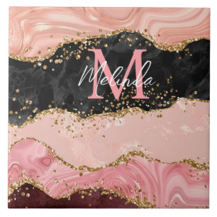 Carreau Agate à paillettes noires et roses