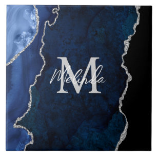 Carreau Agate de marbre bleu marine et argenté