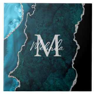 Carreau Agate de marbre bleu turquoise et argenté