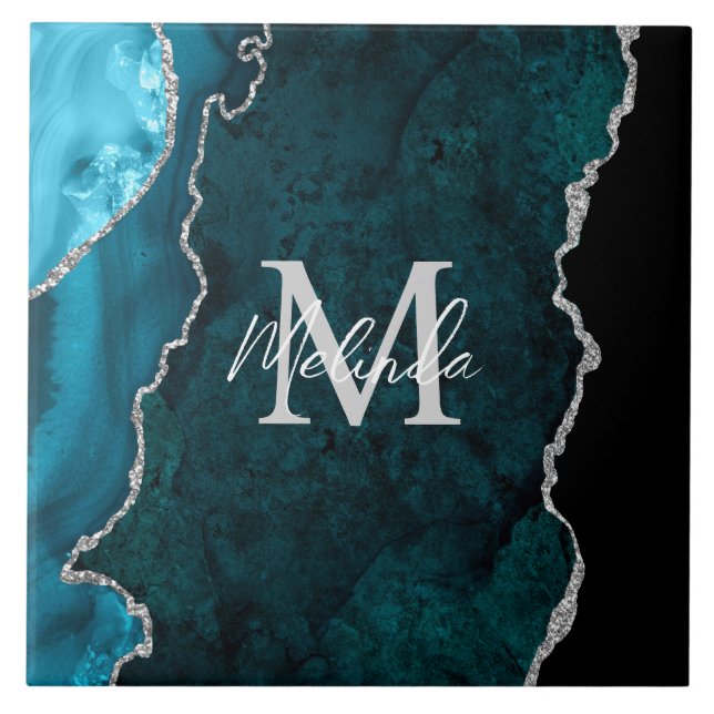 Carreau Agate Marbre Bleu Turquoise et Argent (Devant)