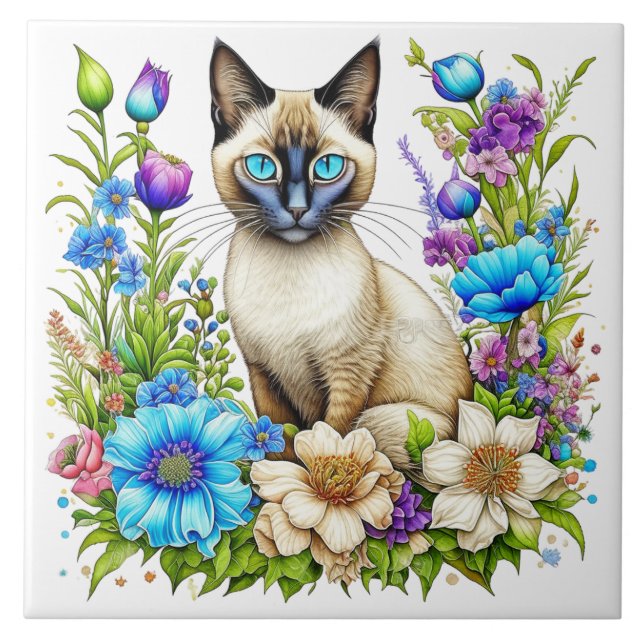 Carreau Ai Aquarelle Siamese Chat en Fleurs (Devant)
