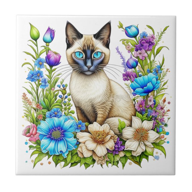Carreau Ai Aquarelle Siamese Chat en Fleurs (Devant)
