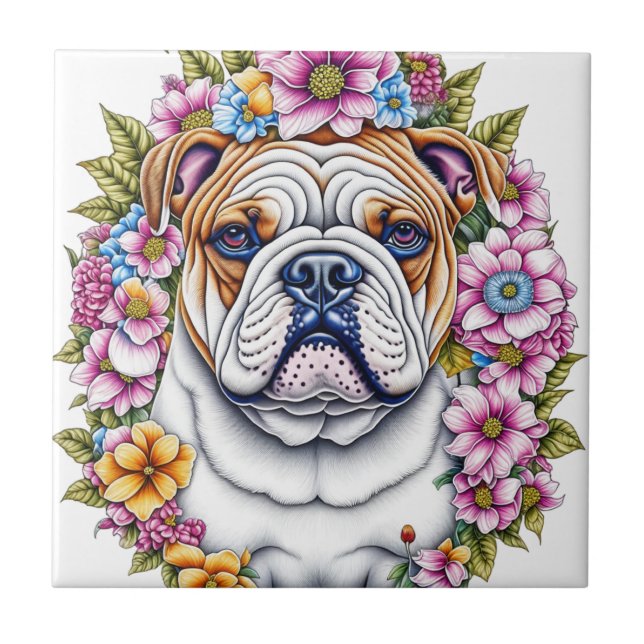 Carreau Ai Art Bulldog entouré de fleurs lunaires (Devant)