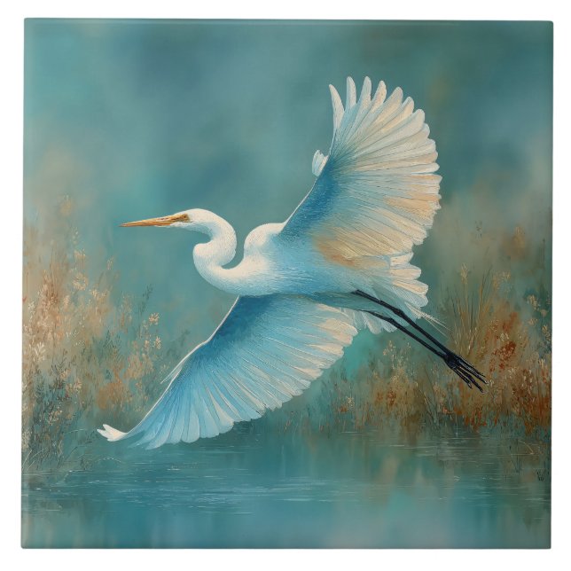 Carreau Aigrette blanche en vol à l'aquarelle (Devant)