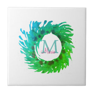 Carreau Ajouter une couronne de Noël vert rose monogramme