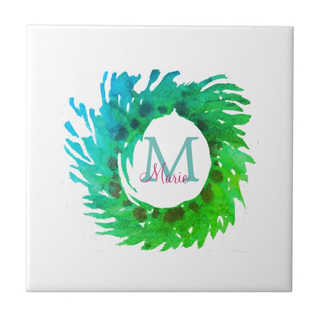 Carreau Ajouter une couronne de Noël vert rose monogramme (Devant)