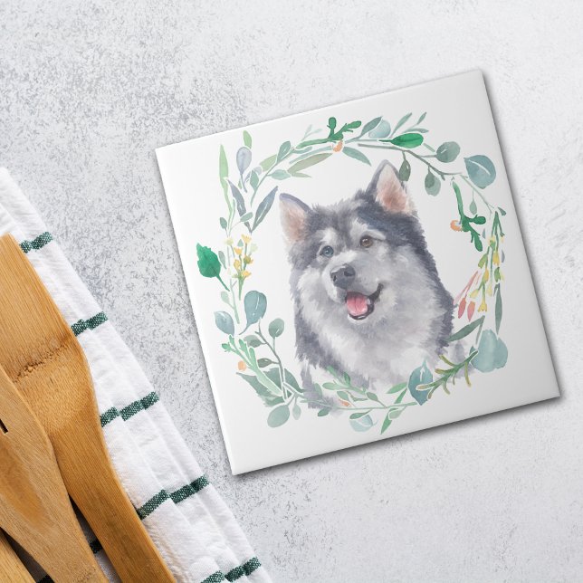 Carreau Alaskien Malamute Chien Watercolor Wreath (Créateur téléchargé)